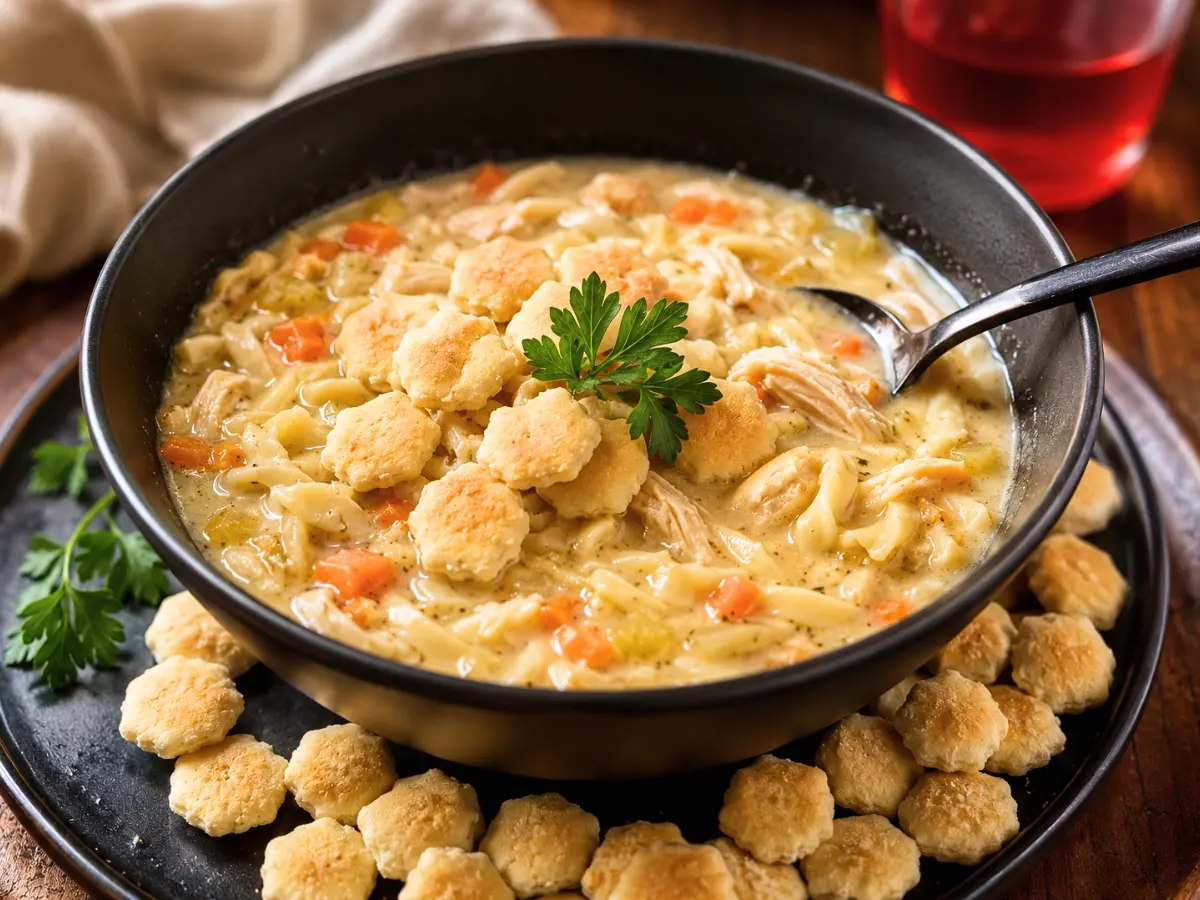 Chicken and noodle soup topped with oyster crackers